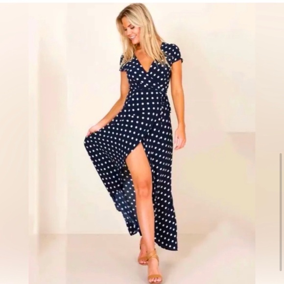 Women’s Black High Slit Polka Dot Maxi Dress Sz S - Picture 5 of 6